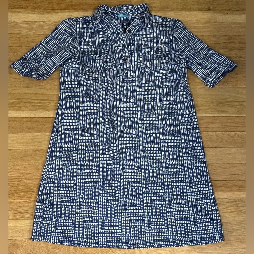 J. McLaughlin Blue Dot Collared Shirt Dress S